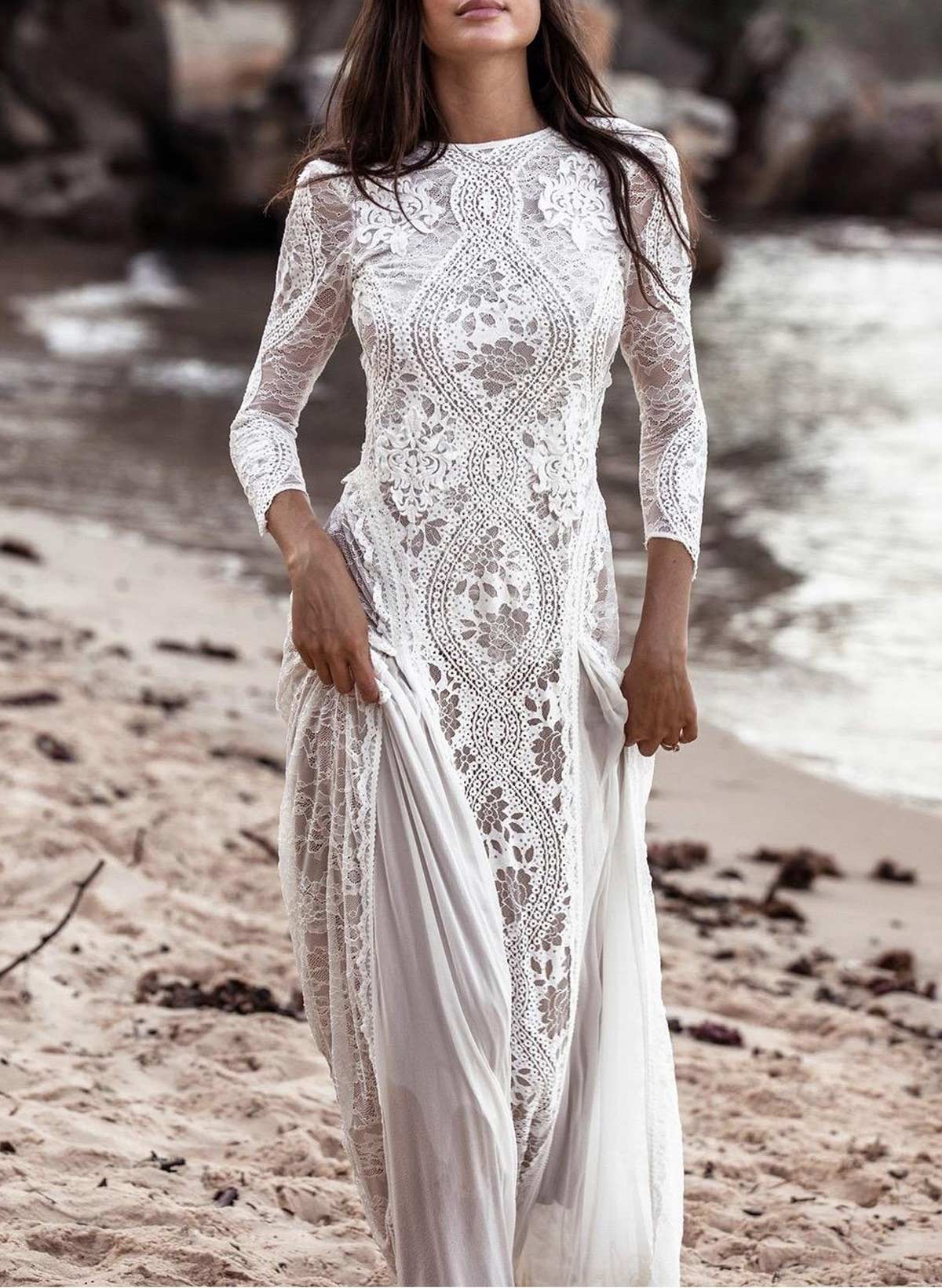 Open Back Scoop Neck Long Sleeves Sweep Train LaceWedding Dresses With Back Hole