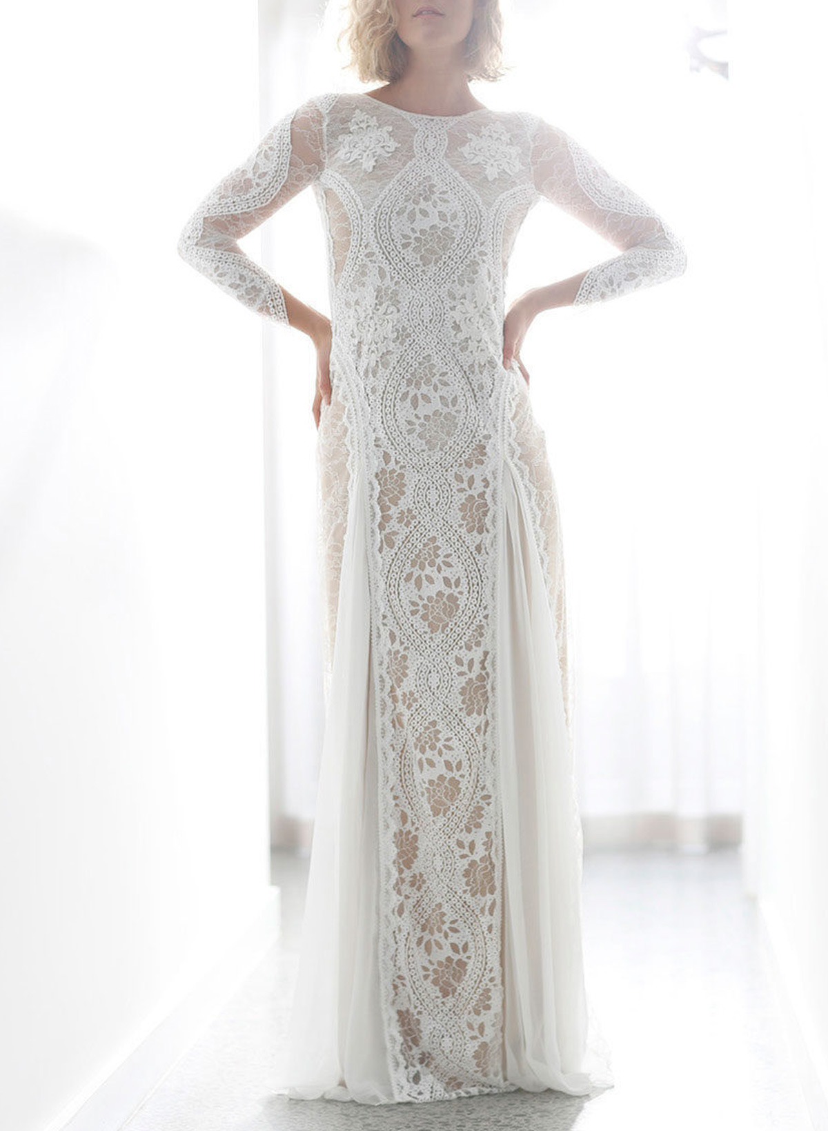Open Back Scoop Neck Long Sleeves Sweep Train LaceWedding Dresses With Back Hole