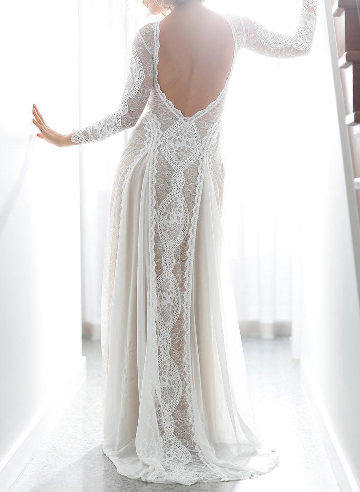 Open Back Scoop Neck Long Sleeves Sweep Train LaceWedding Dresses With Back Hole