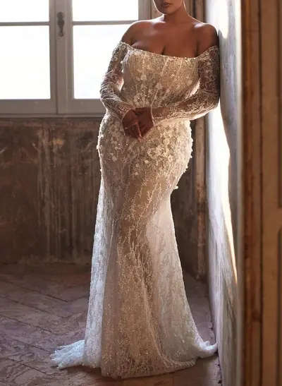Sparkle & Shine Flower(s) Off-The-Shoulder Long Sleeves Mermaid Sweep Train Lace/Sequined Wedding Dresses