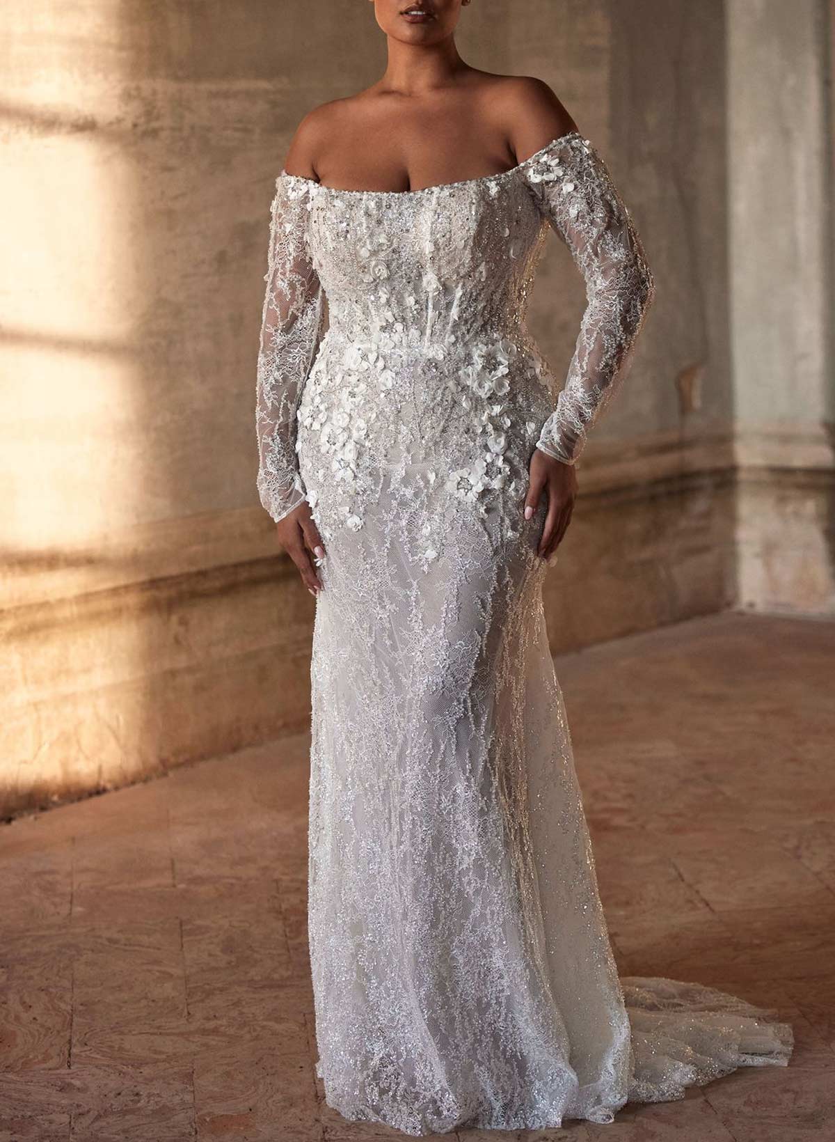 Sparkle & Shine Flower(s) Off-The-Shoulder Long Sleeves Mermaid Sweep Train Lace/Sequined Wedding Dresses