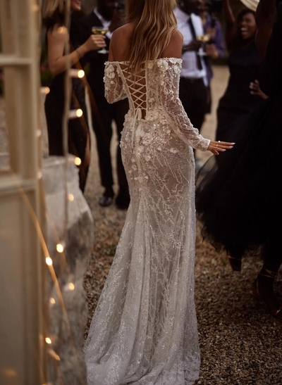 Sparkle & Shine Flower(s) Off-The-Shoulder Long Sleeves Mermaid Sweep Train Lace/Sequined Wedding Dresses