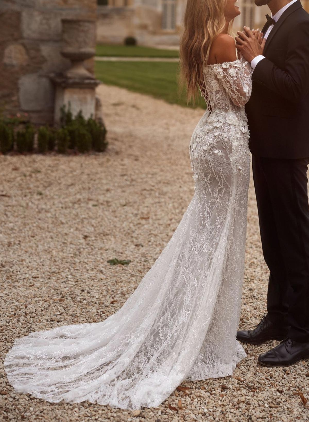 Sparkle & Shine Flower(s) Off-The-Shoulder Long Sleeves Mermaid Sweep Train Lace/Sequined Wedding Dresses