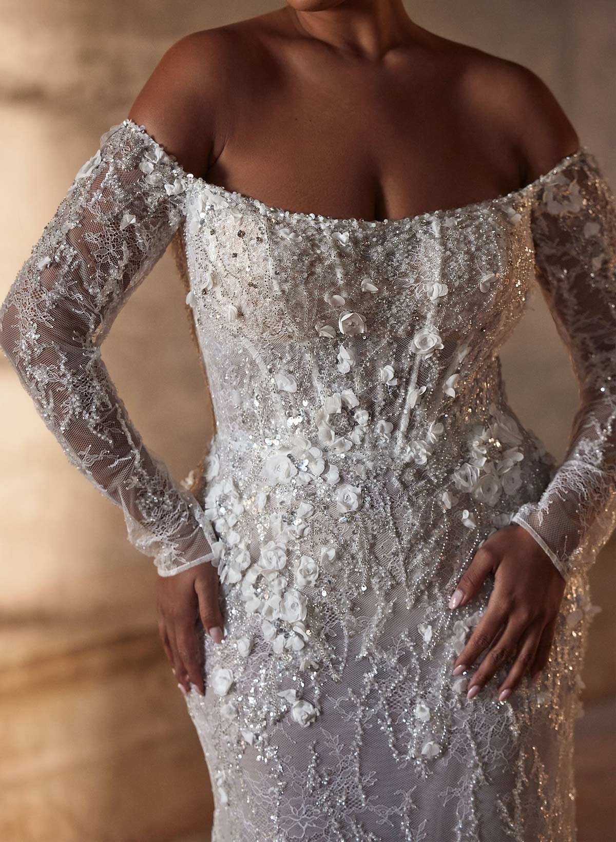 Sparkle & Shine Flower(s) Off-The-Shoulder Long Sleeves Mermaid Sweep Train Lace/Sequined Wedding Dresses