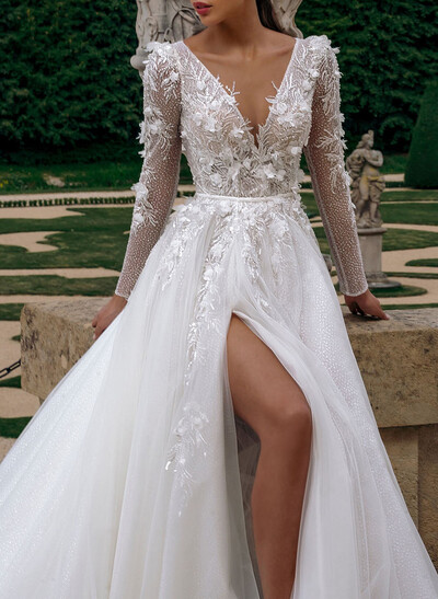 Sparkle & Shine V-Neck Long Sleeves A-Line Court Train Lace/Tulle Wedding Dresses With Sequins/Flower(s)