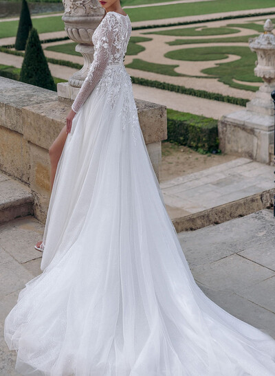 Sparkle & Shine V-Neck Long Sleeves A-Line Court Train Lace/Tulle Wedding Dresses With Sequins/Flower(s)