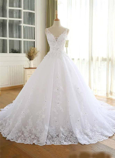 Elegant V-Neck Ball-Gown Chapel Train Lace/Tulle Wedding Dresses With Beading/Rhinestone/Flower(s)
