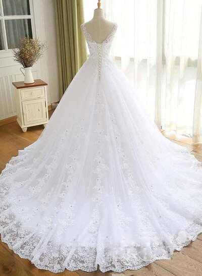 Elegant V-Neck Ball-Gown Chapel Train Lace/Tulle Wedding Dresses With Beading/Rhinestone/Flower(s)