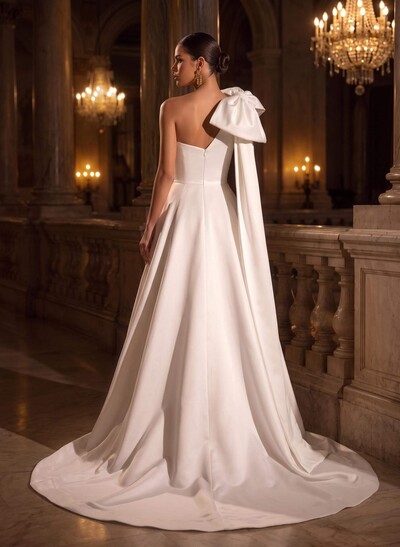 Elegant One-Shoulder Sleeveless A-Line Court Train Italian Satin Wedding Dresses With Bow(s)