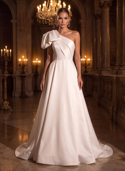 Elegant One-Shoulder Sleeveless A-Line Court Train Italian Satin Wedding Dresses With Bow(s)