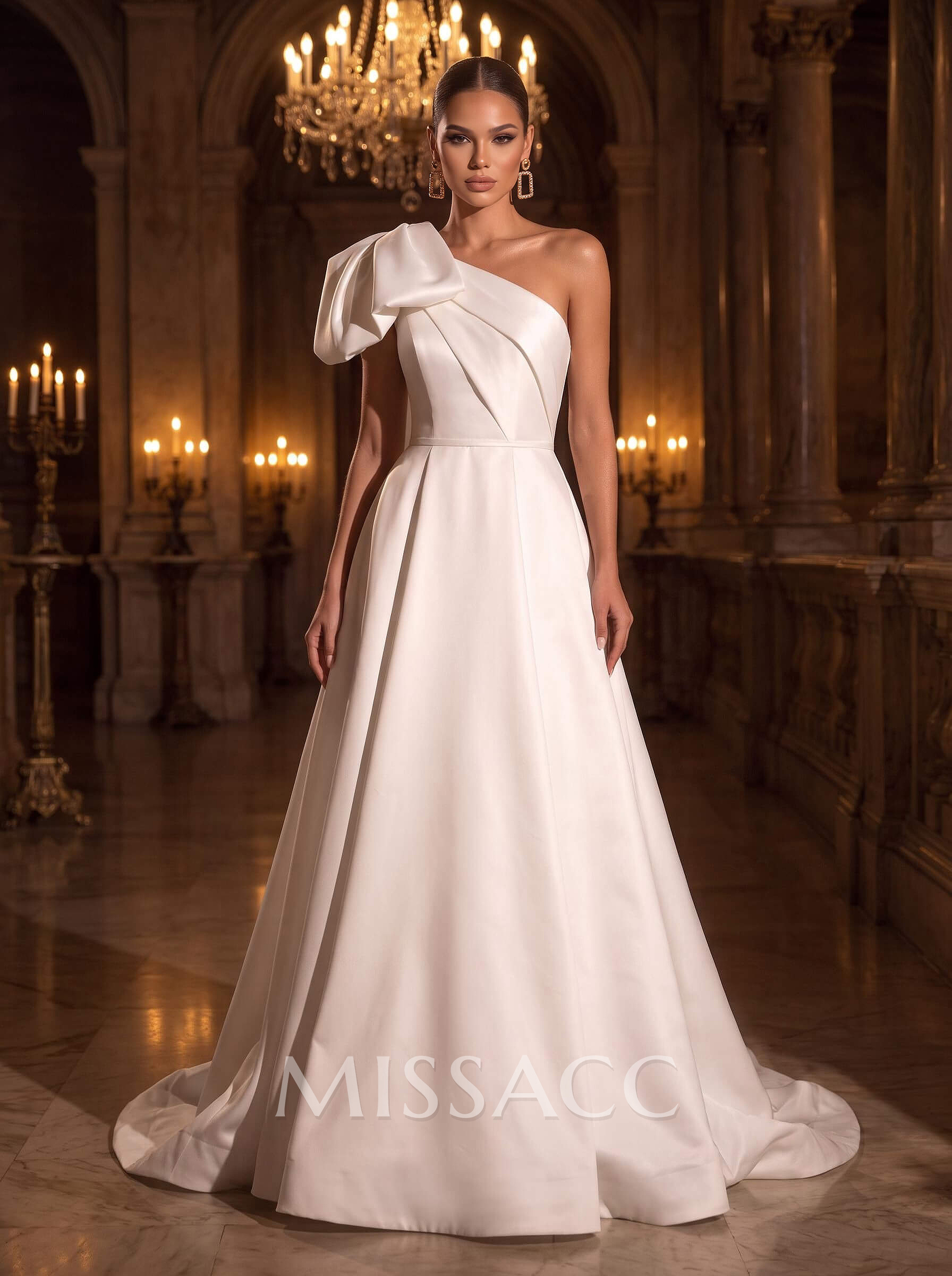 Elegant One-Shoulder Sleeveless A-Line Court Train Italian Satin Wedding Dresses With Bow(s) Elegant One-Shoulder Sleeveless A-Line Court Train Italian Satin Wedding Dresses With Bow(s)