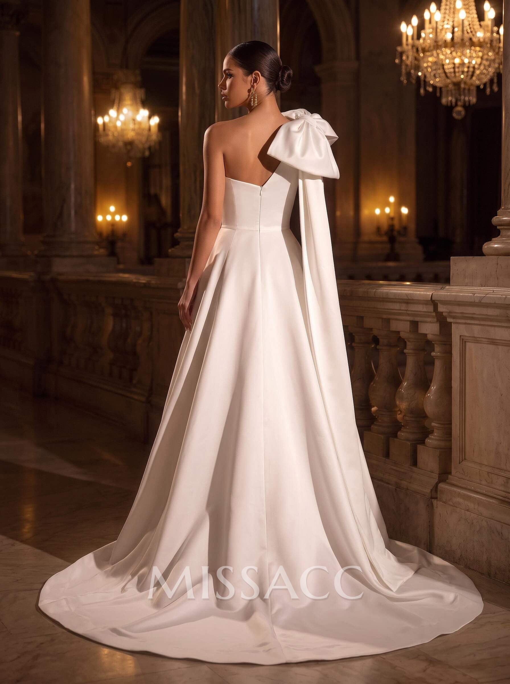 Elegant One-Shoulder Sleeveless A-Line Court Train Italian Satin Wedding Dresses With Bow(s) Elegant One-Shoulder Sleeveless A-Line Court Train Italian Satin Wedding Dresses With Bow(s)