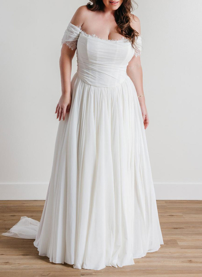 Elegant Off-The-Shoulder Sleeveless A-Line Sweep Train Tulle Wedding Dresses With Lace