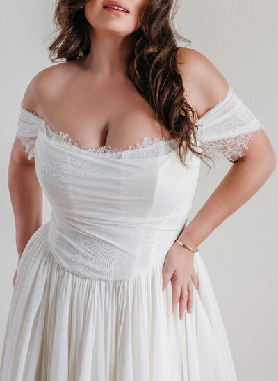 Elegant Off-The-Shoulder Sleeveless A-Line Sweep Train Tulle Wedding Dresses With Lace