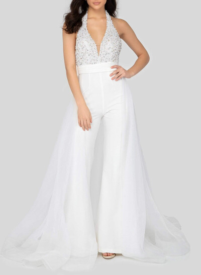 Elegant Sequined V-Neck Halter Floor-Length Tulle Overskirt Elastic Satin Wedding Jumpsuit