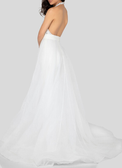 Elegant Sequined V-Neck Halter Floor-Length Tulle Overskirt Elastic Satin Wedding Jumpsuit