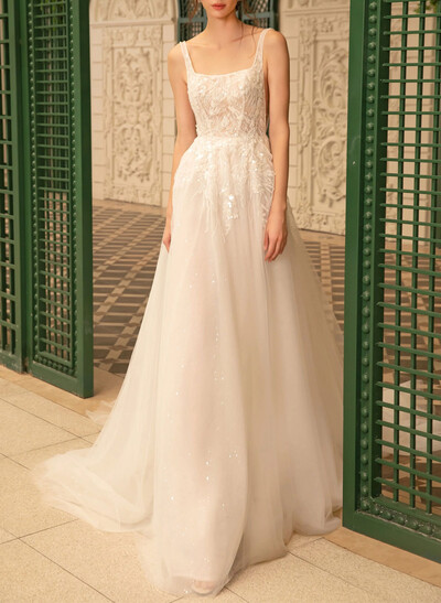 Sparkle & Shine Square Neckline A-Line Court Train Lace/Tulle Wedding Dresses With Sequins