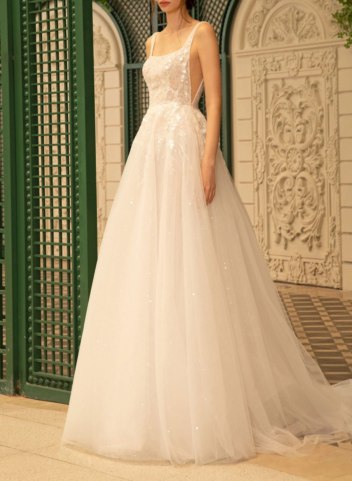 Sparkle & Shine Square Neckline A-Line Court Train Lace/Tulle Wedding Dresses With Sequins