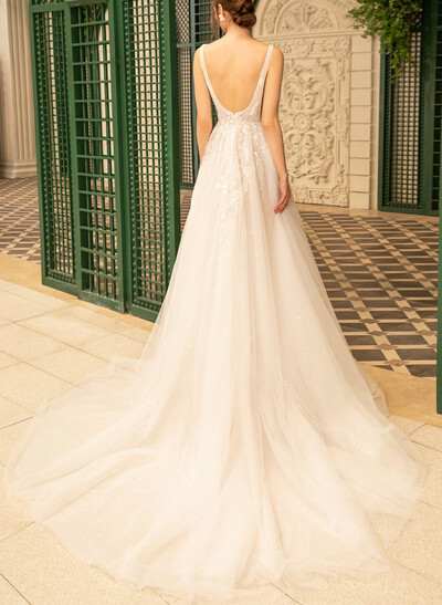 Sparkle & Shine Square Neckline A-Line Court Train Lace/Tulle Wedding Dresses With Sequins