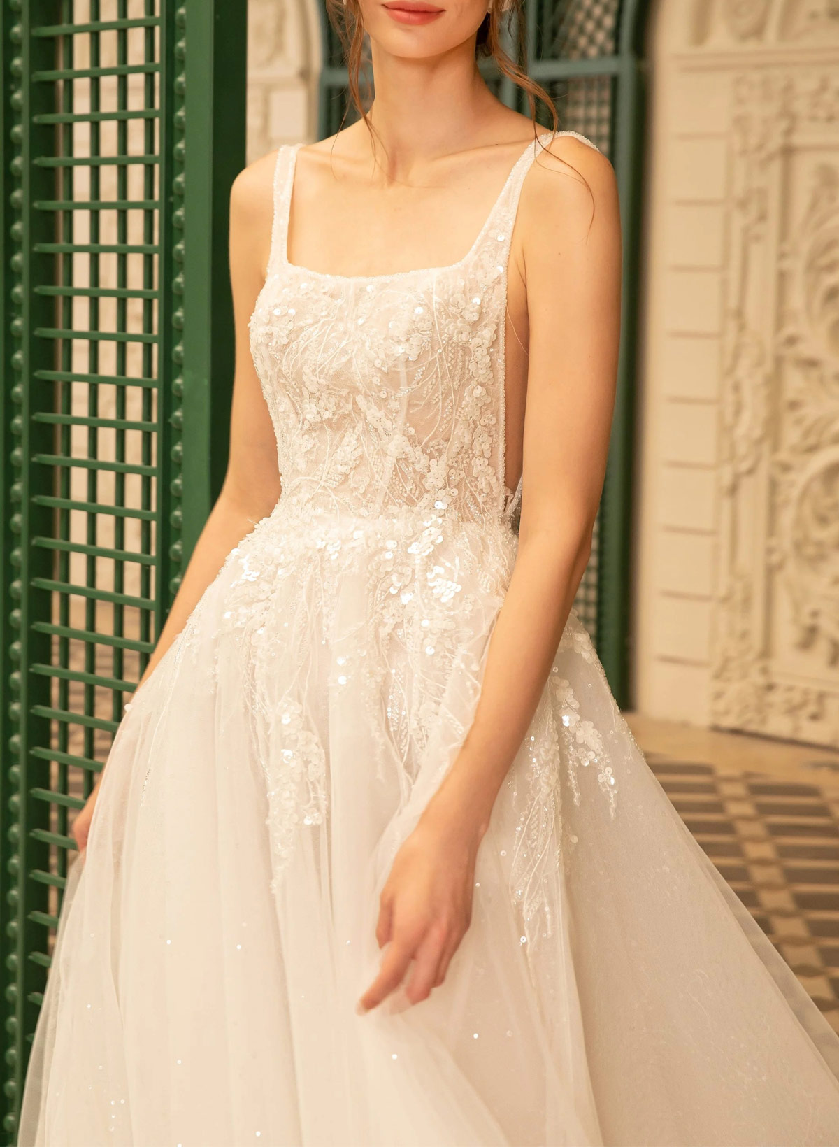Sparkle & Shine Square Neckline A-Line Court Train Lace/Tulle Wedding Dresses With Sequins