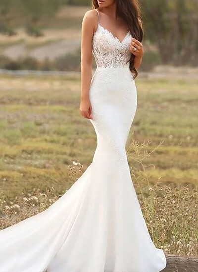 Elegant V-Neck Spaghetti Straps Sleeveless Mermaid Court Train Lace/Elastic Satin Wedding Dresses