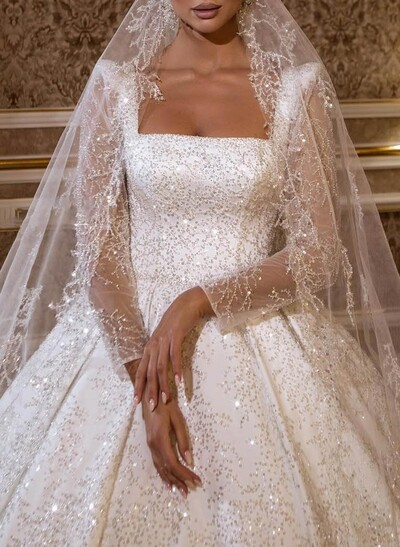 Sparkle & Shine Square Neckline Long Sleeves A-Line Court Train Tulle/Sequined Wedding Dresses