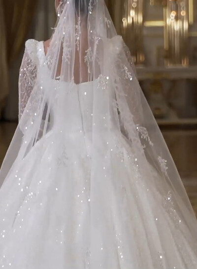 Sparkle & Shine Square Neckline Long Sleeves A-Line Court Train Tulle/Sequined Wedding Dresses