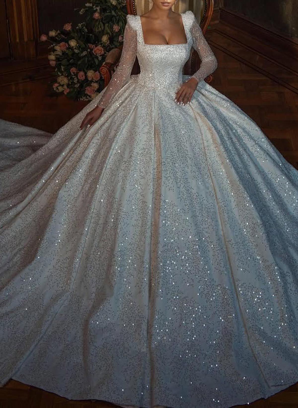 Sparkle & Shine Square Neckline Long Sleeves A-Line Court Train Tulle/Sequined Wedding Dresses