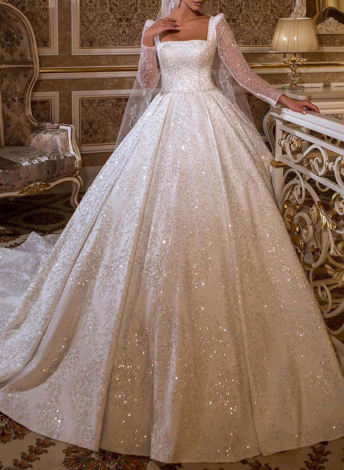 Sparkle & Shine Square Neckline Long Sleeves A-Line Court Train Tulle/Sequined Wedding Dresses