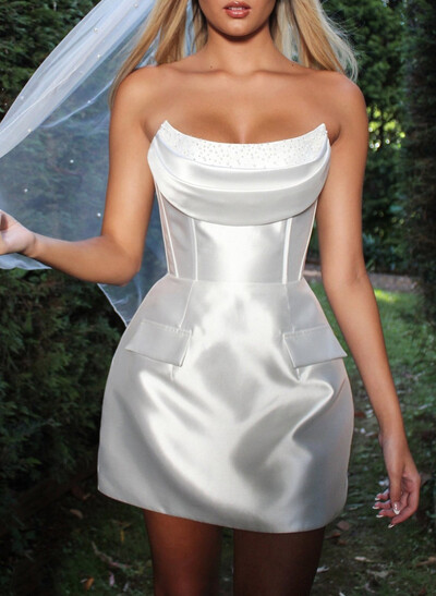 Cowl Neck Sleeveless Short/Mini Matte Satin Wedding Dresses With Sequins