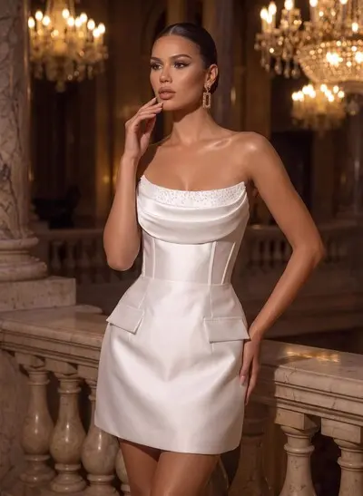 Cowl Neck Sleeveless Short/Mini Matte Satin Wedding Dresses With Sequins