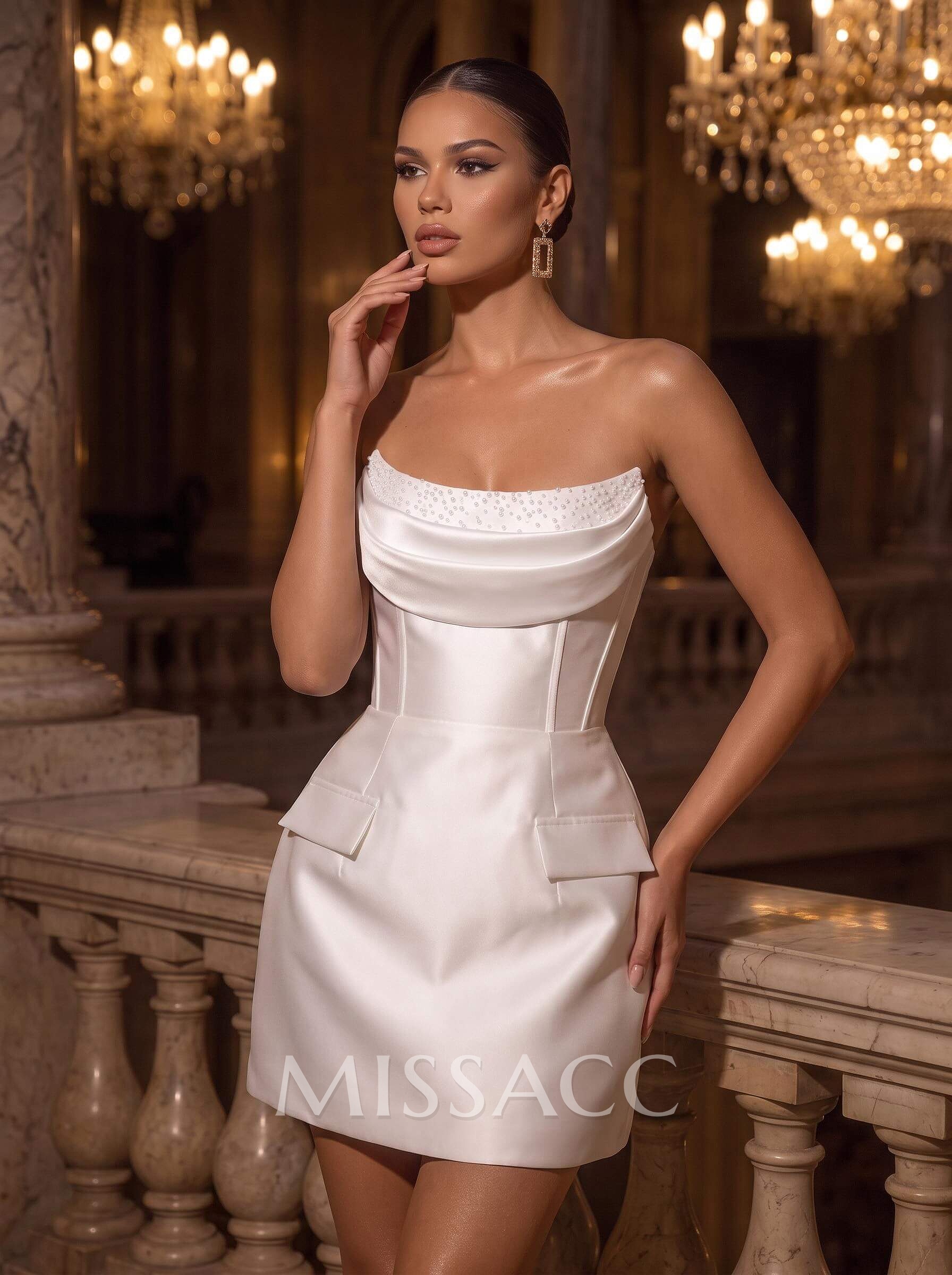 Cowl Neck Sleeveless Short/Mini Matte Satin Wedding Dresses With Sequins