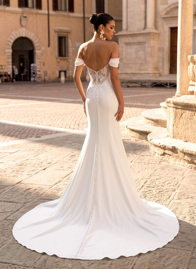 Elegant Off-The-Shoulder Sleeveless Mermaid Court Train Lace/Elastic Satin Wedding Dresses