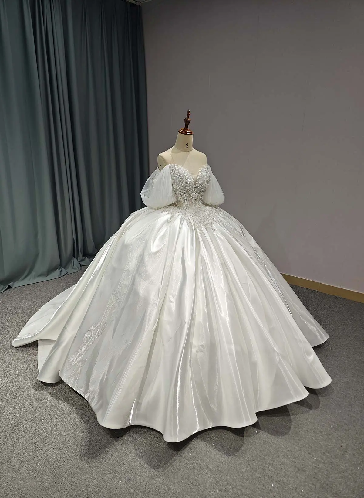 Ball-Gown Off-The-Shoulder/Sweetheart Cathedral Paris Satin Wedding Dresses With Beading