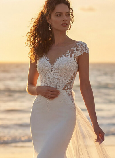 Trumpet Mermaid Illusion Neck Sleeveless Royal Lace Tulle Elastic Satin Wedding Dresses With Flower(s)