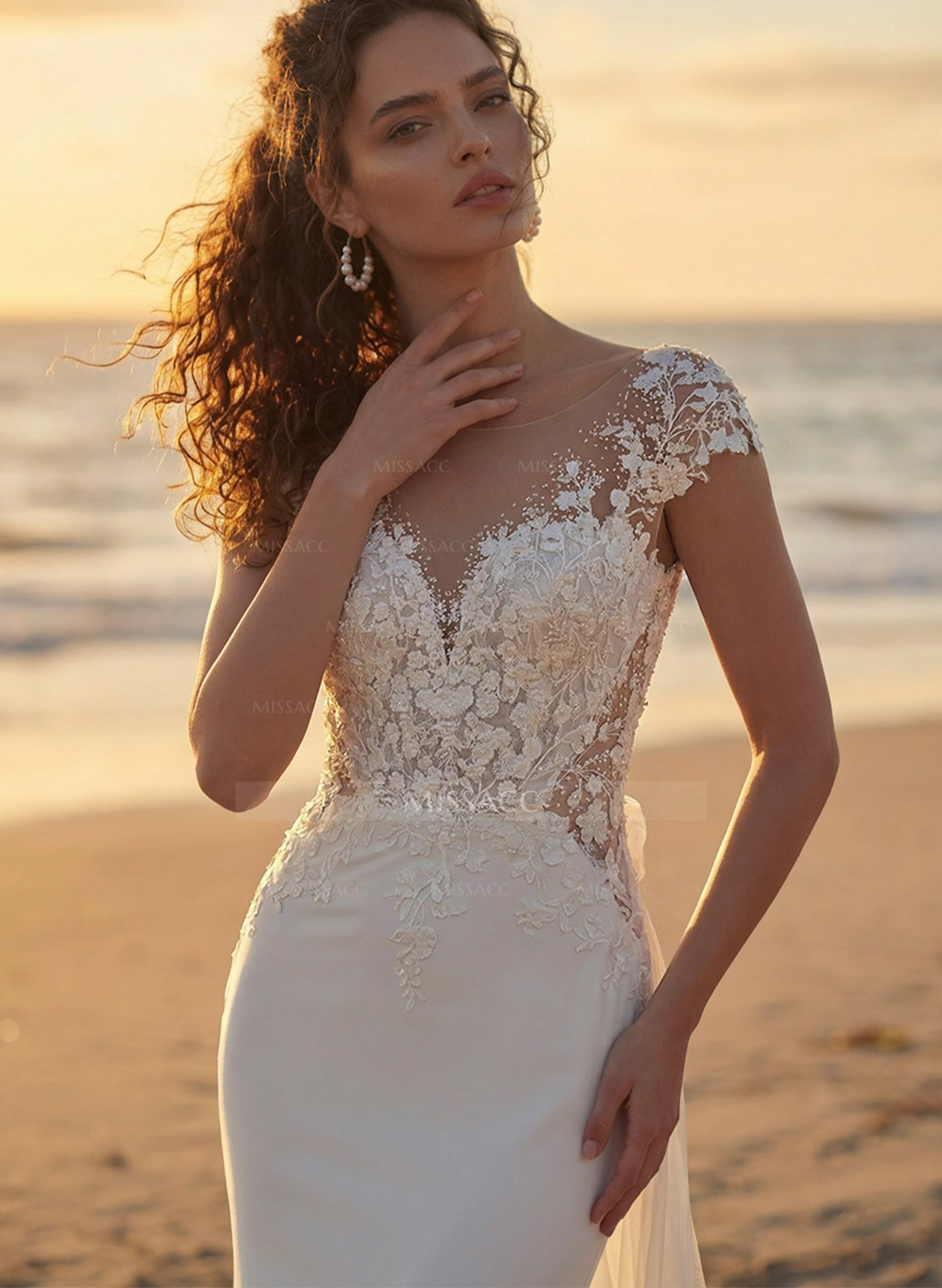 Trumpet Mermaid Illusion Neck Sleeveless Royal Lace Tulle Elastic Satin Wedding Dresses With Flower(s)