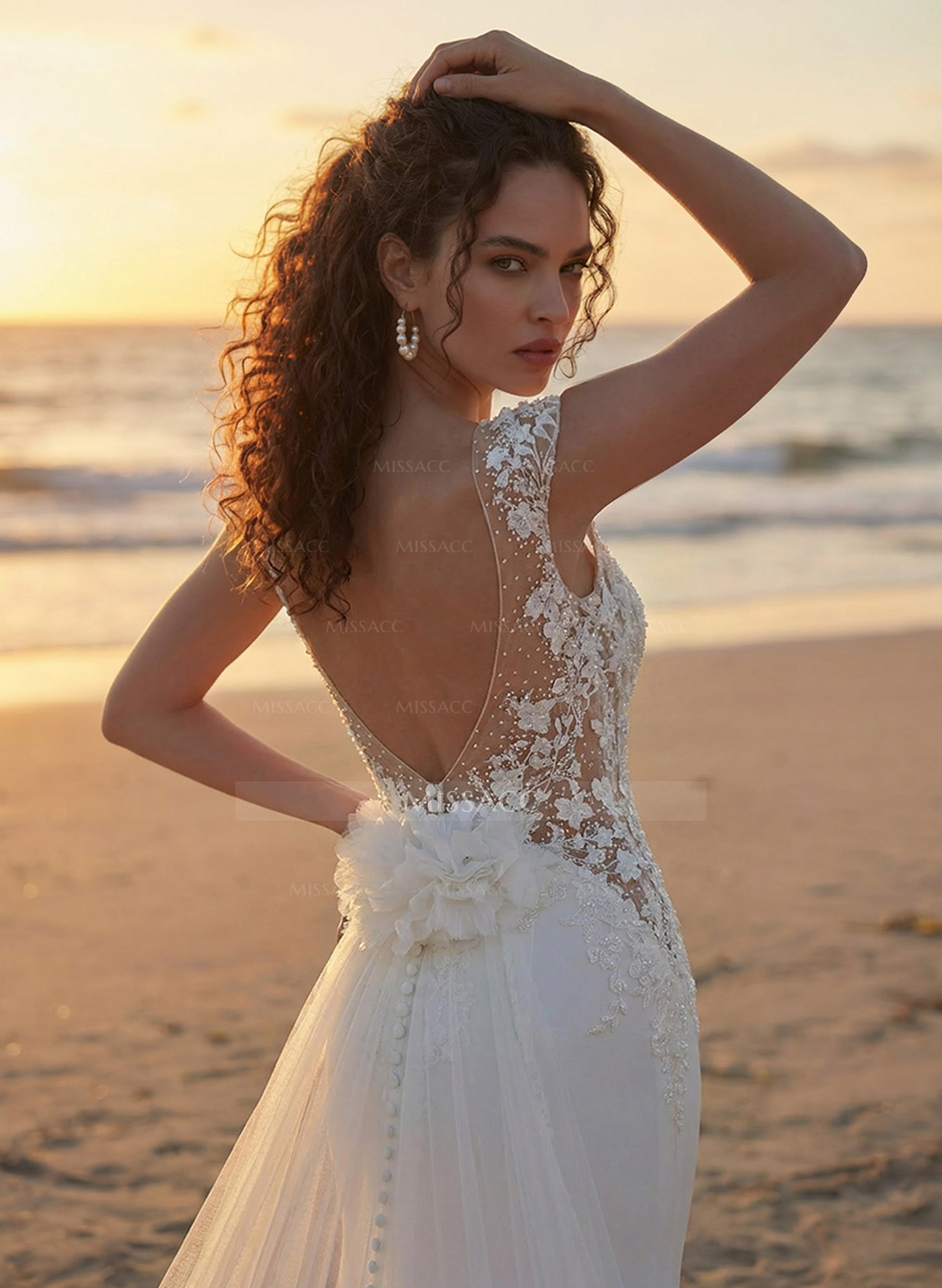 Trumpet Mermaid Illusion Neck Sleeveless Royal Lace Tulle Elastic Satin Wedding Dresses With Flower(s)