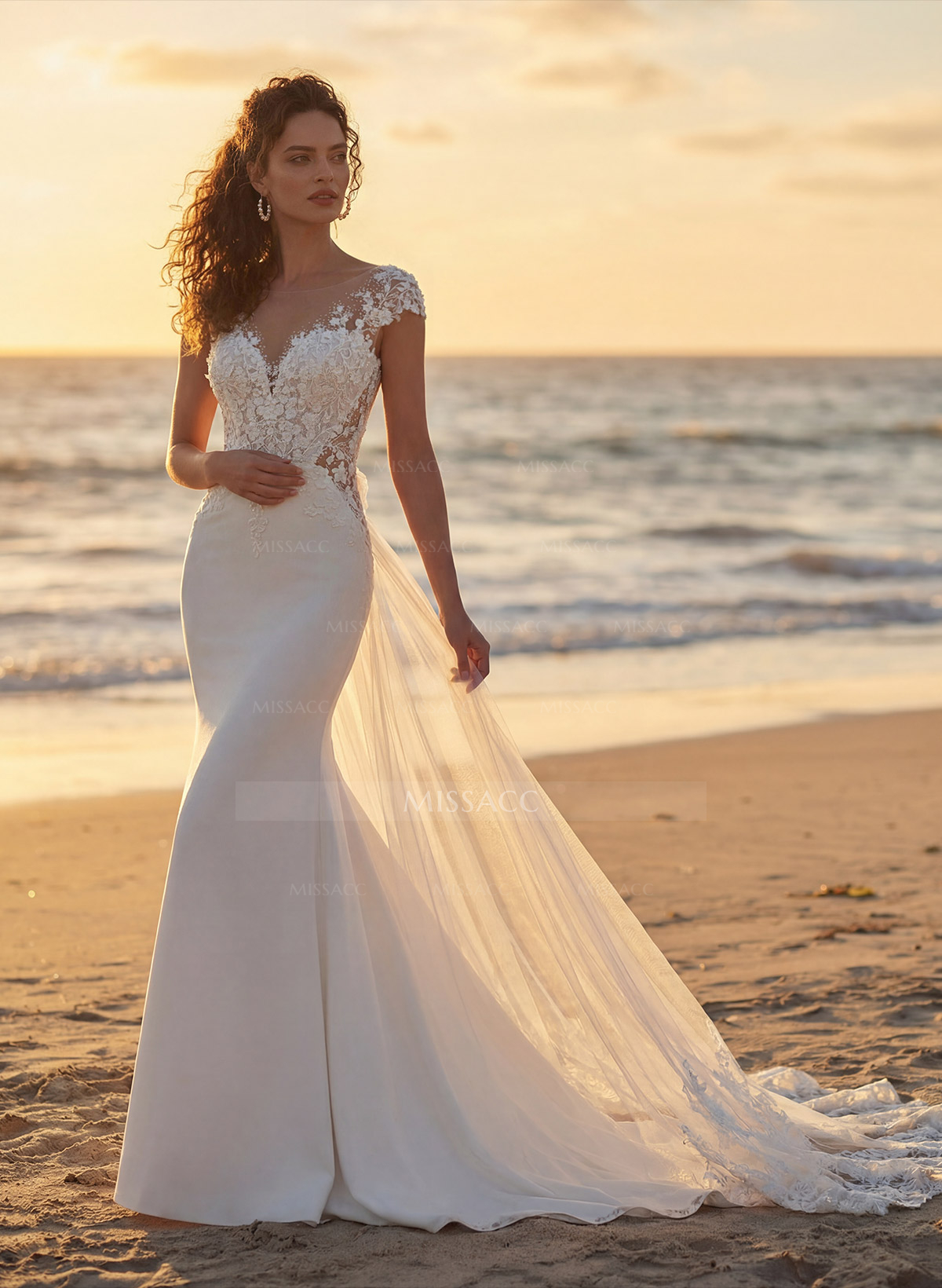 Mermaid Illusion Neck Sleeveless Royal Lace Tulle Elastic Satin Wedding Dresses #SWD12753 $354