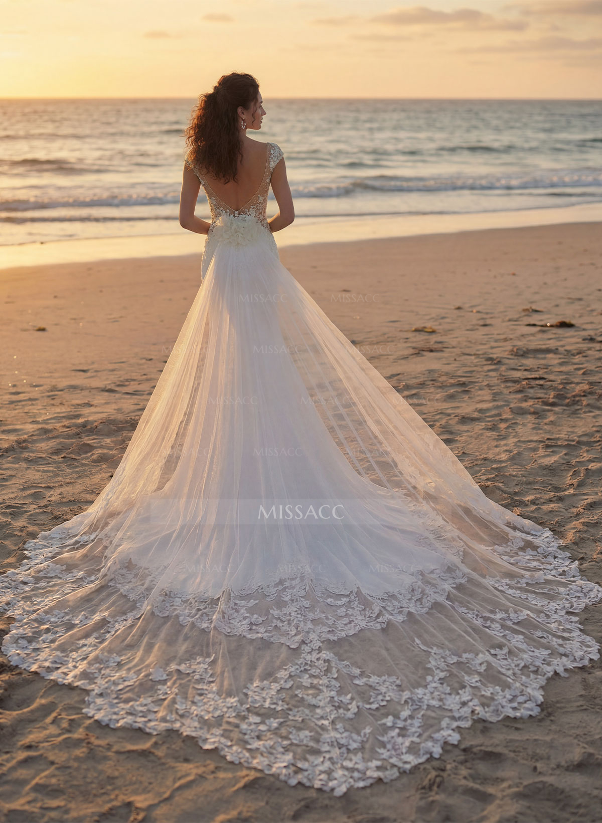 Trumpet Mermaid Illusion Neck Sleeveless Royal Lace Tulle Elastic Satin Wedding Dresses With Flower(s)