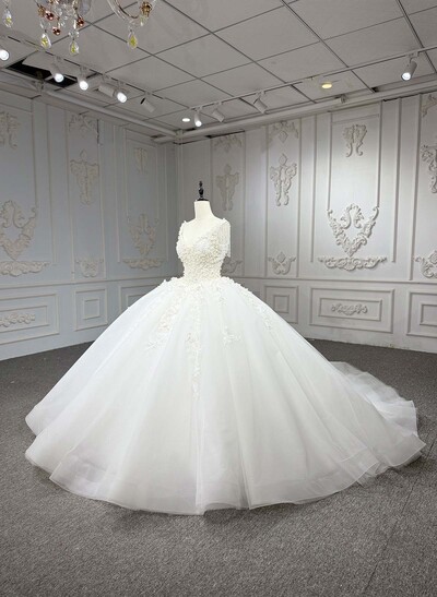 Ball-Gown Plunge Neck Cape Sleeves Royal Wedding Dresses With Beading/Flower(s)