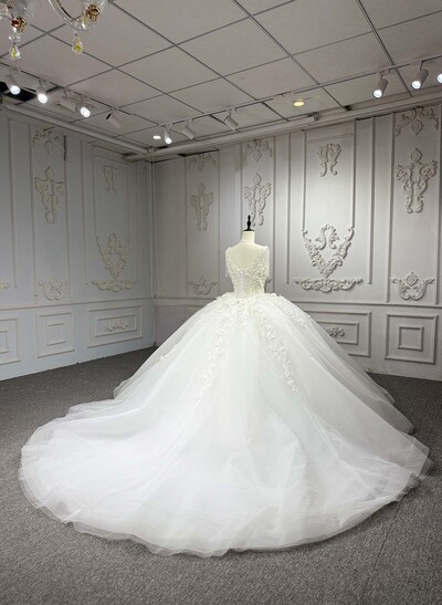 Ball-Gown Plunge Neck Cape Sleeves Royal Wedding Dresses With Beading/Flower(s)