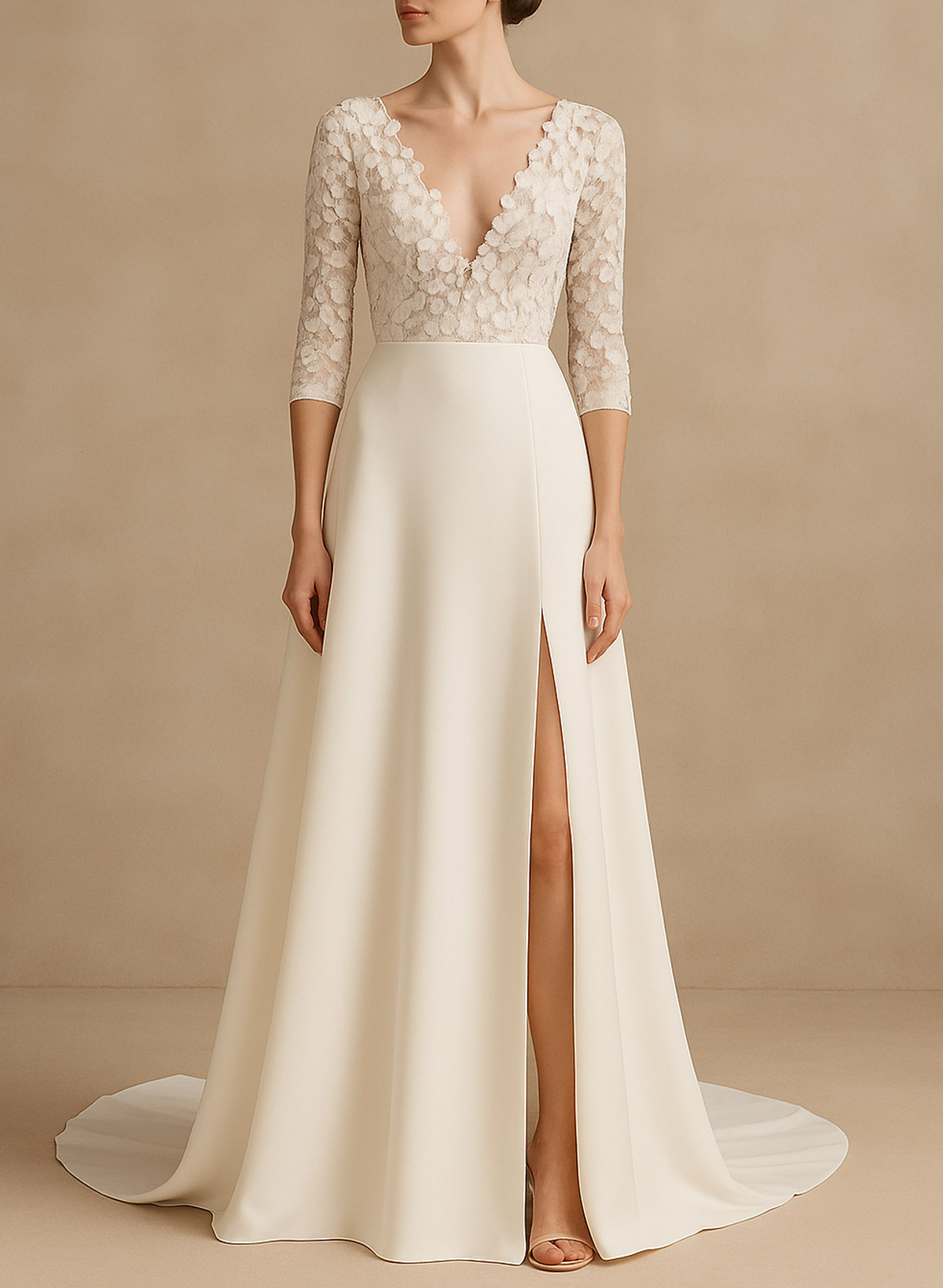 Elegant Lace V-Neck 3/4 Sleeves A-Line Sweep Train Chiffon Wedding Dresses With Flower(s)