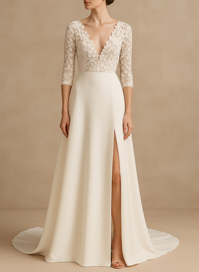 Elegant Lace V-Neck 3/4 Sleeves A-Line Sweep Train Chiffon Wedding Dresses With Flower(s)