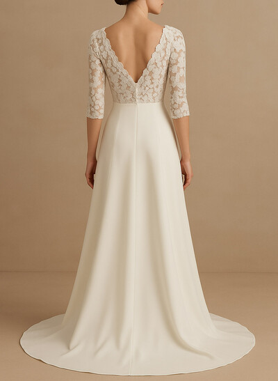 Elegant Lace V-Neck 3/4 Sleeves A-Line Sweep Train Chiffon Wedding Dresses With Flower(s)