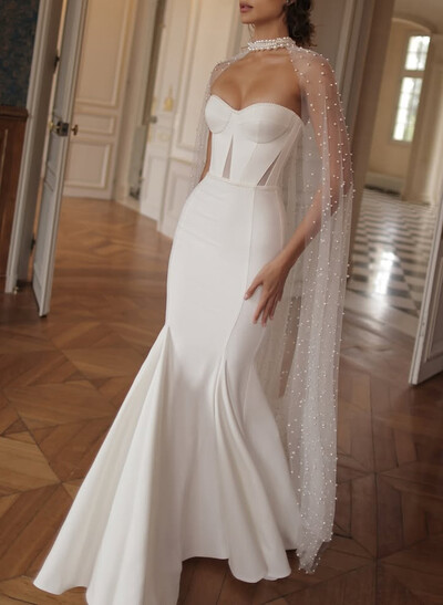 Luxury Sweetheart Mermaid Sweep Train Italian Satin Wedding Dresses With Beading Wrap