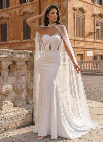 Luxury Sweetheart Mermaid Sweep Train Italian Satin Wedding Dresses With Beading Wrap