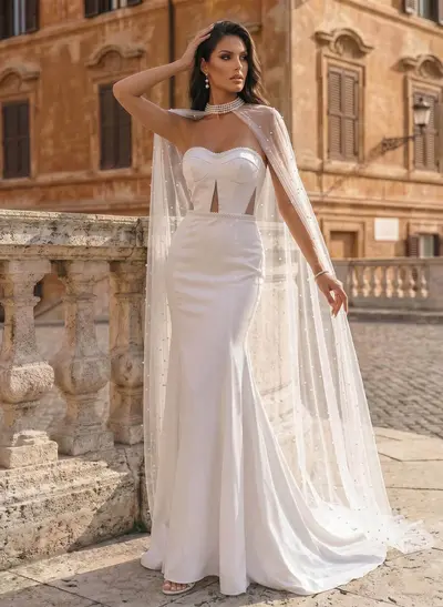 Luxury Sweetheart Mermaid Sweep Train Italian Satin Wedding Dresses With Beading Wrap