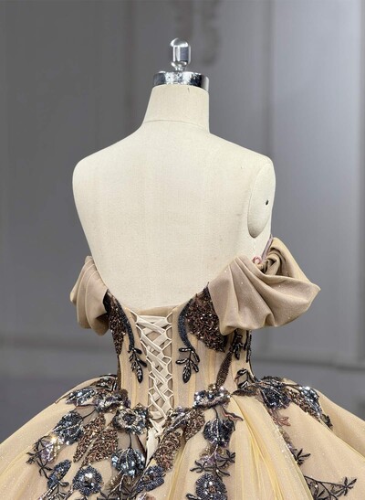 Luxury Off-The-Shoulder Sleeveless Ball-Gown Floor-Length Lace/Tulle With Beading/Sequins