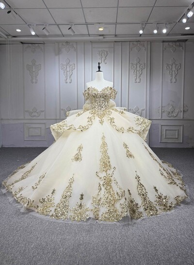 Luxury Sweetheart Off-The-Shoulder Ball-Gown Cathedral Wedding Dresses With Bow(s)/Beading/Sequins/Rhinestone