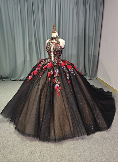 Luxury Halter Sleeveless Ball-Gown Chapel Train Tulle Wedding Dresses With Sequins/Flower(s)
